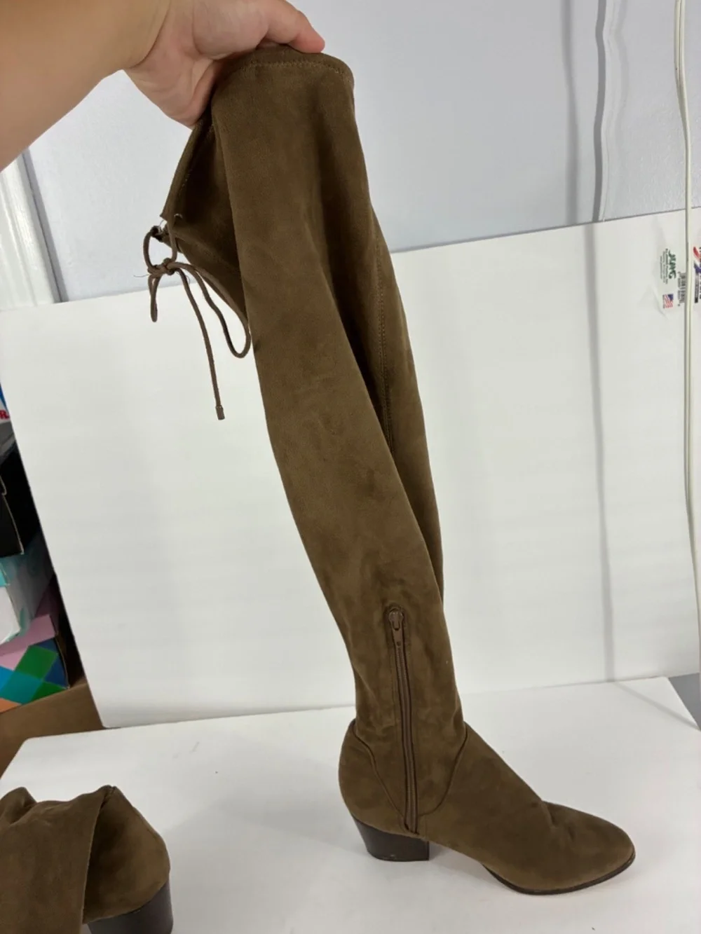 Aldo Over the Knee Boots 6 Faux Suede Sock Stretch Taupe Brown Heeled Almond Toe